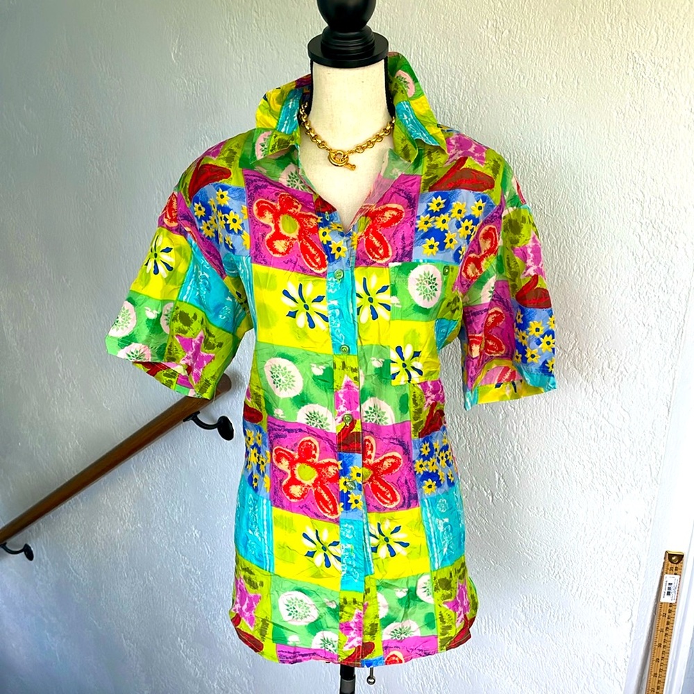 K Arnold Vintage Floral Abstract Pattern Silk Short Sleeve Blouse Size Large
